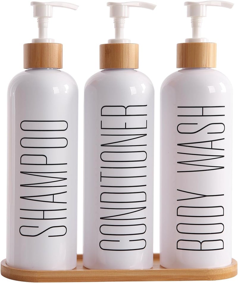 Prus Waso Shampoo and Conditioner Dispenser, Contains Shampoo Conditioner Body Wash Dispenser. Shower Soap Dispenser with Bamboo Pumps & Tray, Perfect for Modern Bathroom Decor. (White) - Image 1